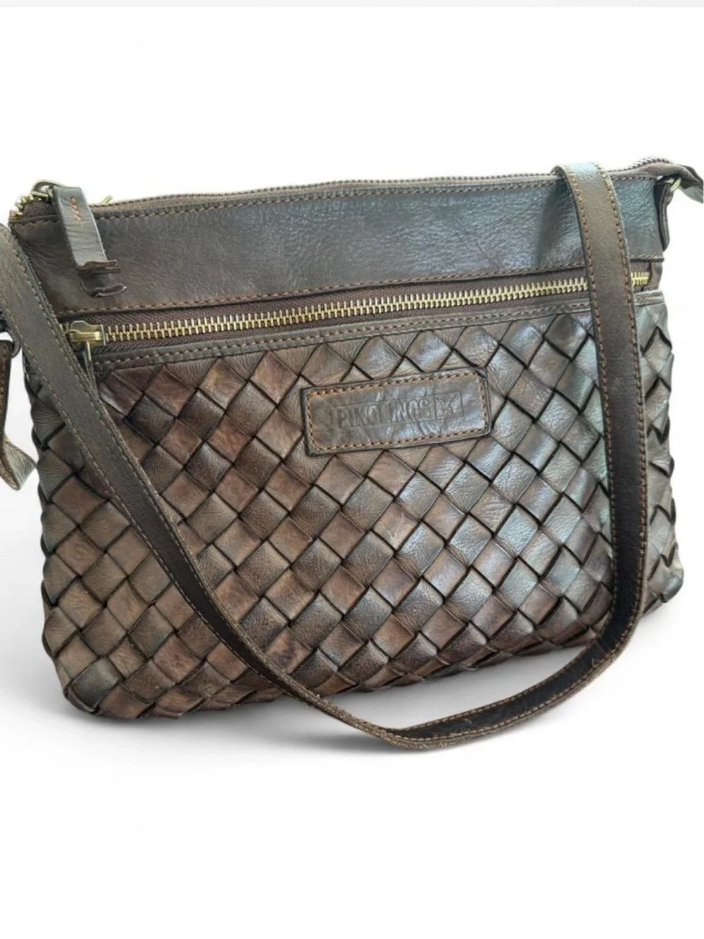 Pikolinos Faura Woven Basket Weave Leather Crossbody Bag Brown